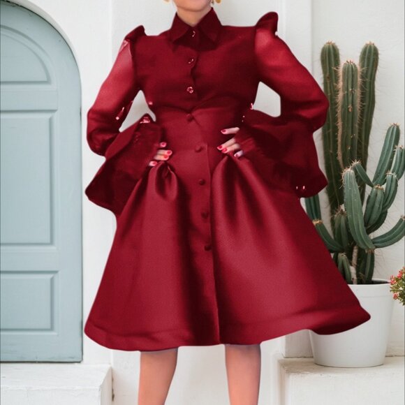 Elegant Red Satin Puff Sleeve Button-Front Fit & Flare Dress | Church, Gala - Picture 1 of 5